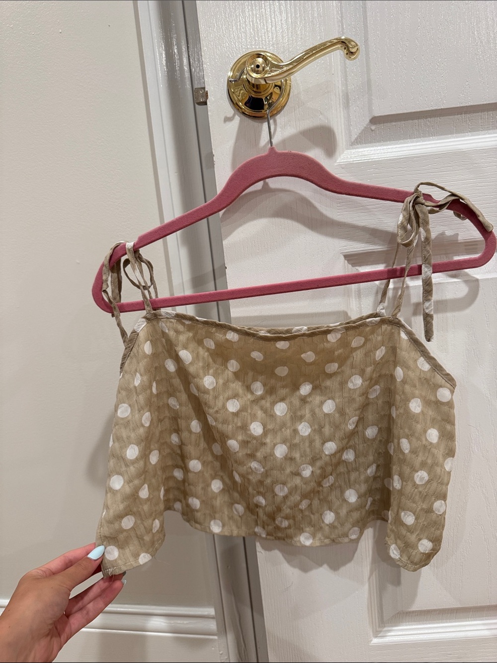 Polka Dot Tie-Strap Crop Top - Beige